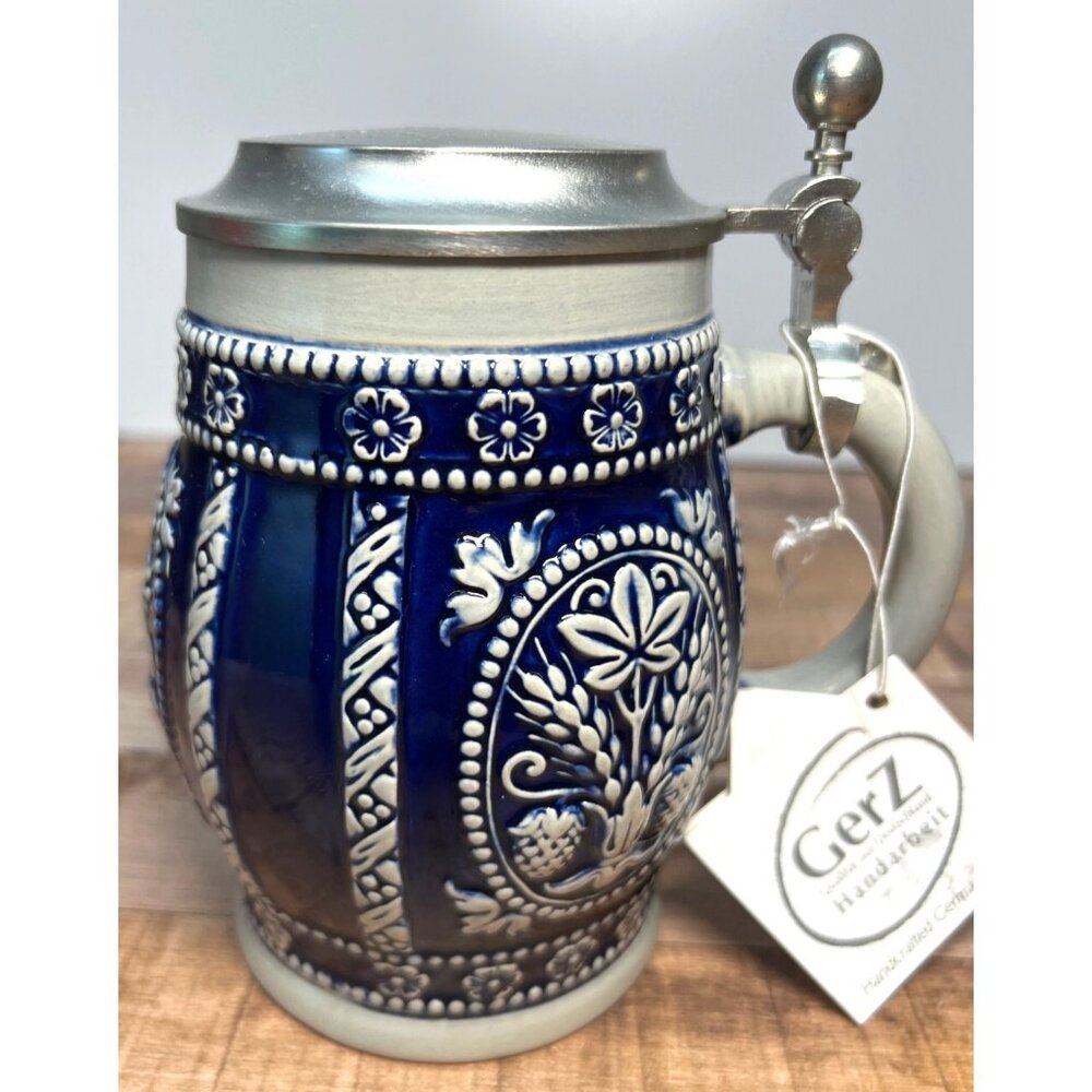 Handcrafted Gerz Stein Mug With Pewter Lid Ceramic 0.5L Germany Floral Design